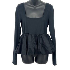 Silence + Noise Large Top Blouse Black Long Sleeve Square Peplum Urban Outfitter